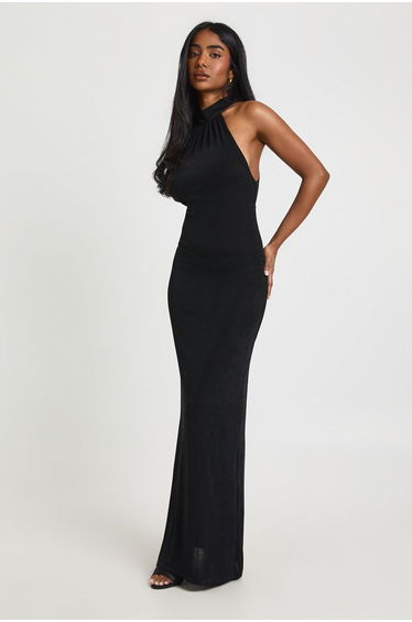 Acetate Slinky Halterneck Midi Dress - black