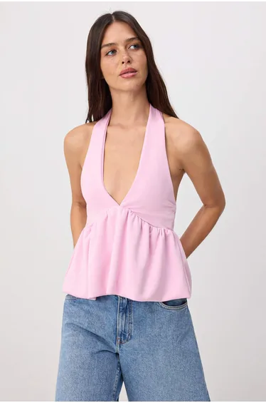 Pink Fitted Halter Neck Gathered Paper Touch Knitted Blouse