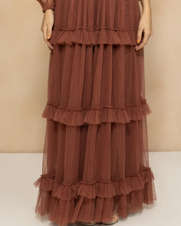 Long Sleeve Quella Soft Tulle Maxi Dress in Arabian Spice - 2