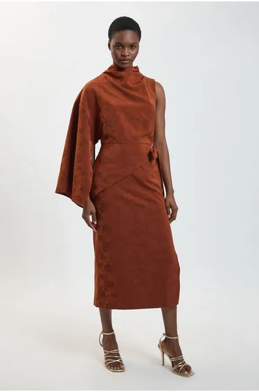 Jacquard Cowl Neck Cape Sleeve Midi Dress