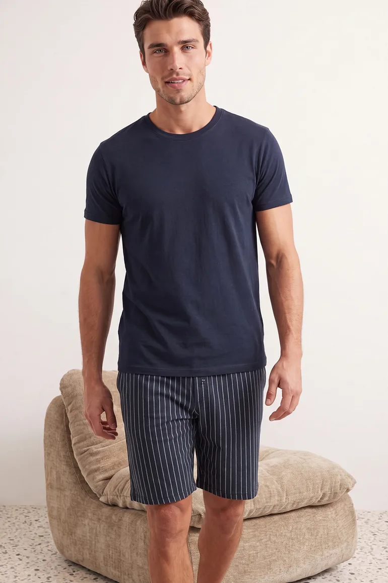 Navy Blue Men's Regular Fit Bottom Striped Pajamas Set. - 1