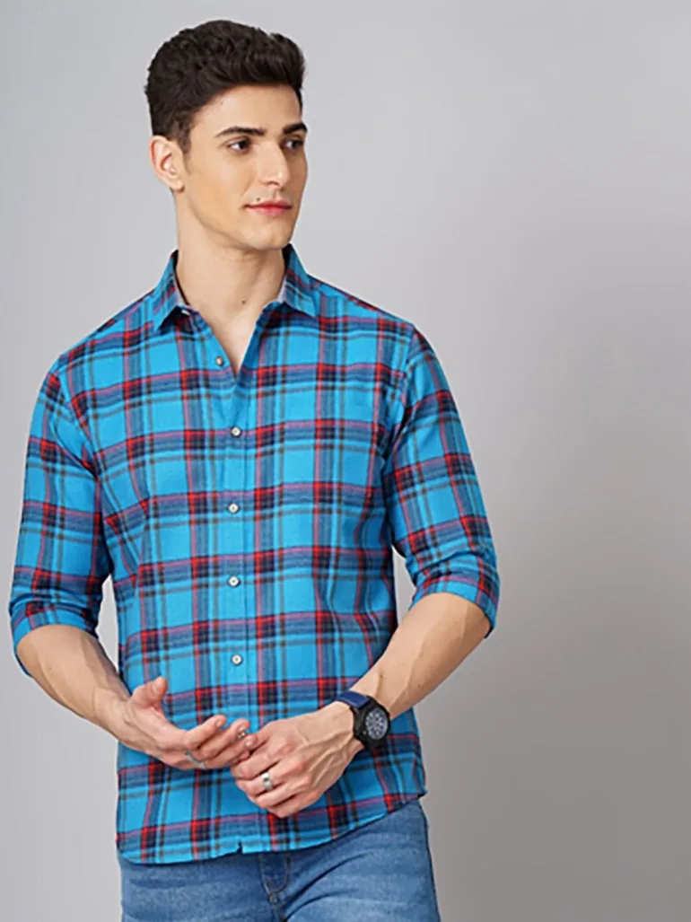 Men Blue Checked Spread Collar Shirt