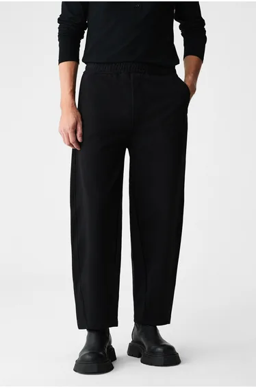 GRIMELANGE ANOMOS Men's Cotton Elastic Waist Double Pocket Wide Leg Relaxed Fit Black Sweatpants