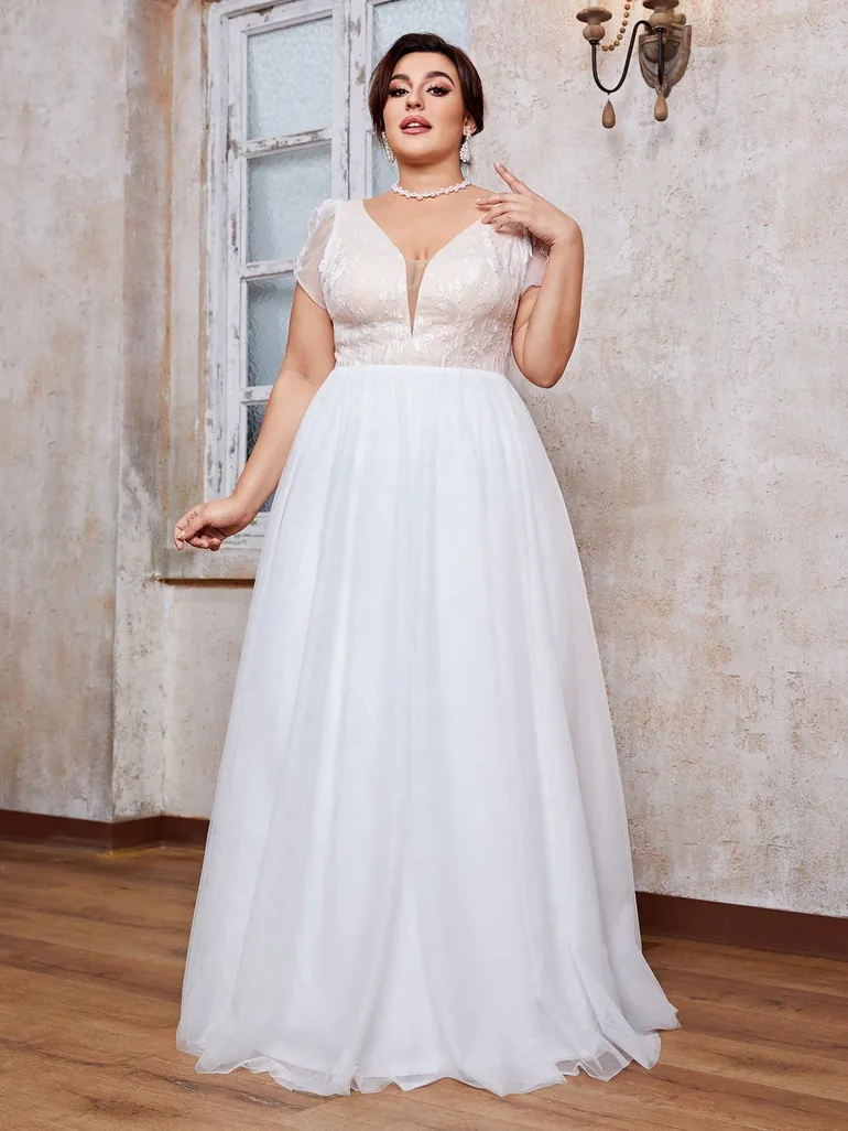 Leely Plus Women's Elegant V Neck Cap Sleeve Party Dress