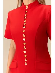 Signature Charm Stand Collar Gold Button Midi Dress - 1