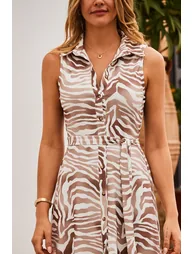 فستان قميص جيرسية بطبعة زيبرا بدون أكمام - 3