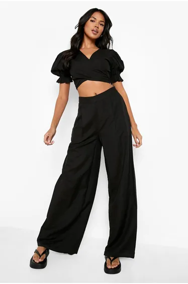Linen Wide Leg Relaxed Fit Trousers - black