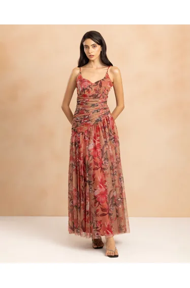 Hosanna Tulle Maxi Dress in Red Rose Floral