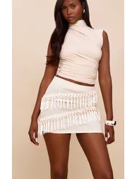 Cream Linen Tassle Detail Mini Skirt - 5