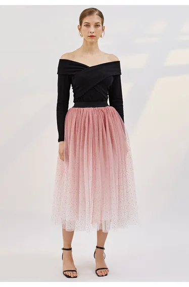 Festive Sparkle Ombre Tulle Midi Skirt in Pink