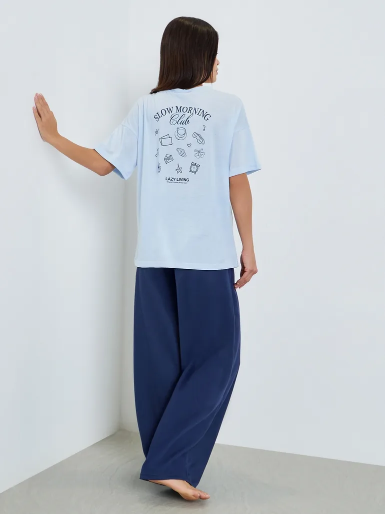 Women Blue Printed T-Shirt and Pyjama Set - 1