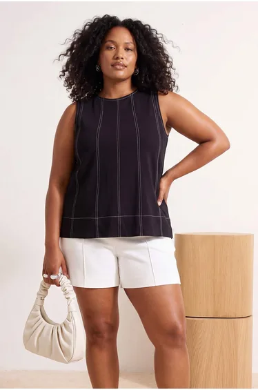 Siyah Relaxed Sleeveless Seam Detail Tok %100 Cotton Knitted Plus Size Bluz