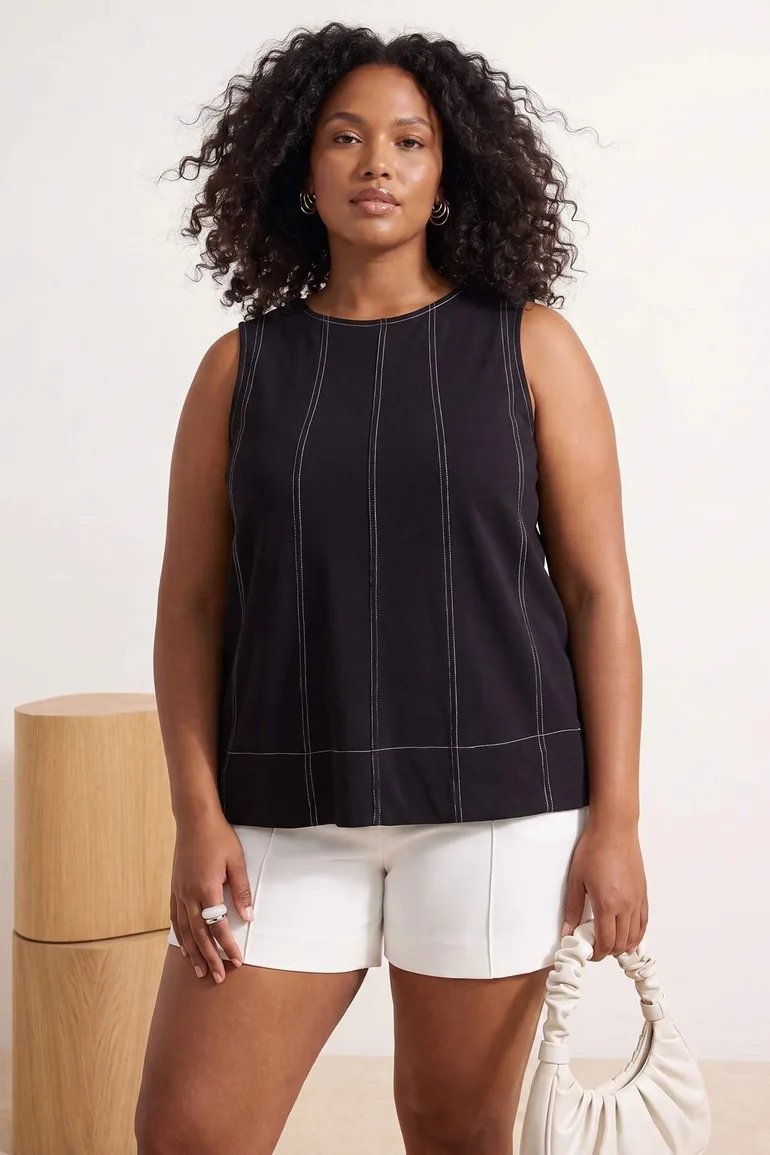 Siyah Relaxed Sleeveless Seam Detail Tok %100 Cotton Knitted Plus Size Bluz - 2