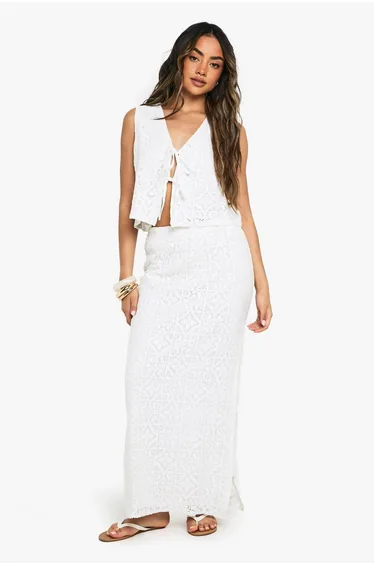 Crochet Side Split Maxi Skirt - white