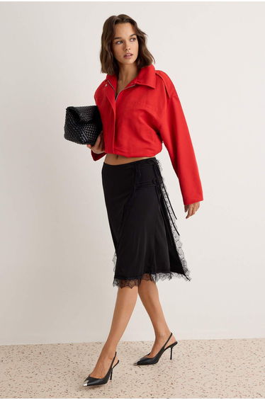 Black Lace Detailed A-Cut/ Bell Form Normal Waist Midi Sandy Knitted Skirt