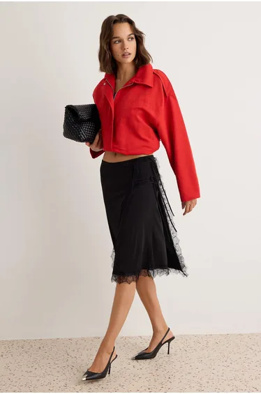Black Lace Detailed A-Cut/ Bell Form Normal Waist Midi Sandy Knitted Skirt