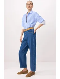 Blue 100% Cotton High Waist Barrel Jeans - 1