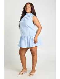 Plus High Neck Frill Hem Stripe Mini Dress - blue