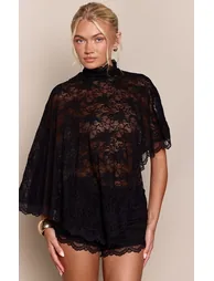 Black Lace Trim Detail Hotpants Co-ord - 3