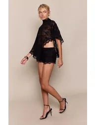 Black Lace Trim Detail Hotpants Co-ord - 1
