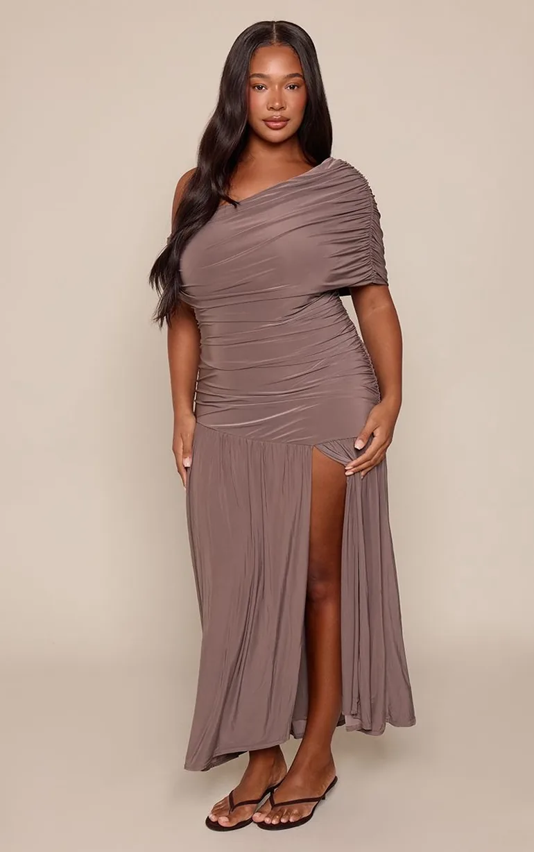 Plus Taupe Double Layer Slinky Bardot One Shoulder Ruched Maxi Dress - 2
