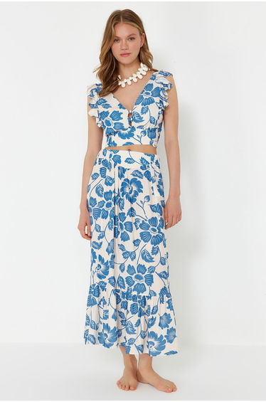 Floral Patterned Woven Flounce Blouse Skirt Set
