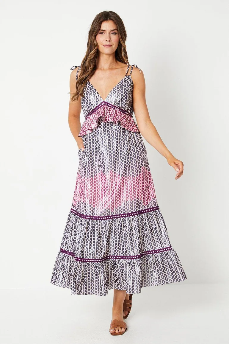 Printed Strap Detail Tiered Maxi Dress