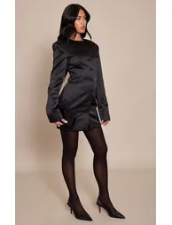 Black Satin Button Long Sleeve Blazer Dress
