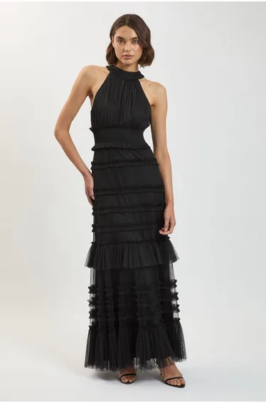 Tulle Layered Halter Neck Maxi Dress