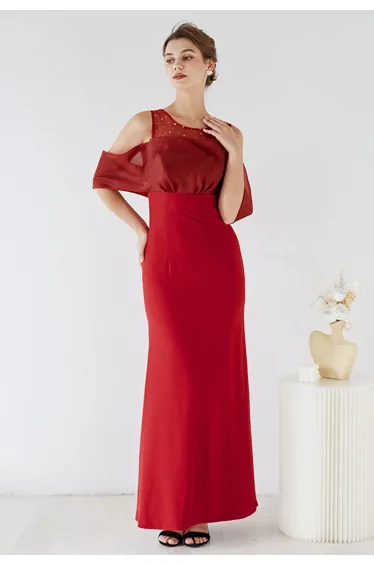 Spliced Organza Cold-Shoulder Gown in Red