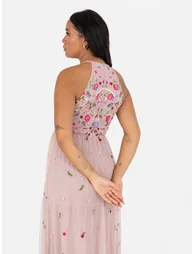 Maya Frosted Pink Halter Neck Embroidered Tiered Maxi Dress - 3