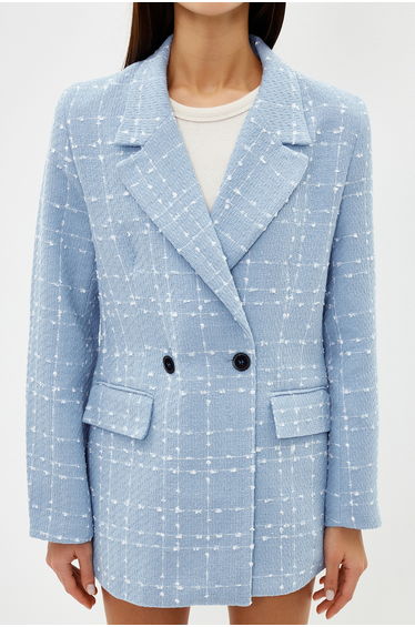 Light Blue Oversize Woven Plaid Blazer Jacket product thumbnail 4