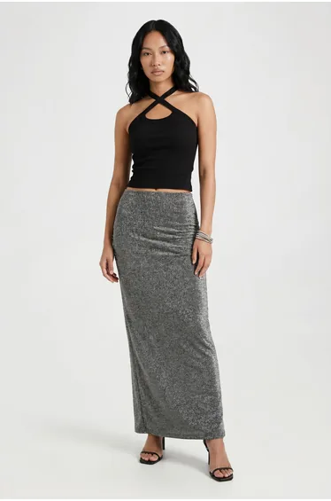 Metallic Knit Maxi Skirt - black