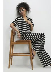 Black Striped Crochet Wide Leg Trousers - 1
