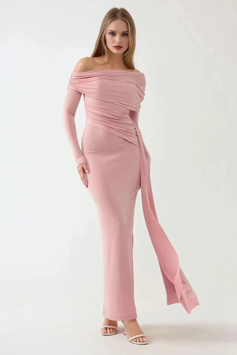 Asymmetrical Collar Bodycon Maxi Dress