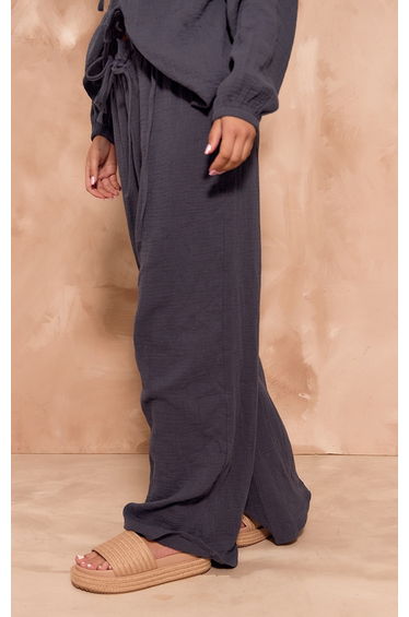Dark Blue Textured Cheesecloth Wide Leg Trousers product thumbnail 2