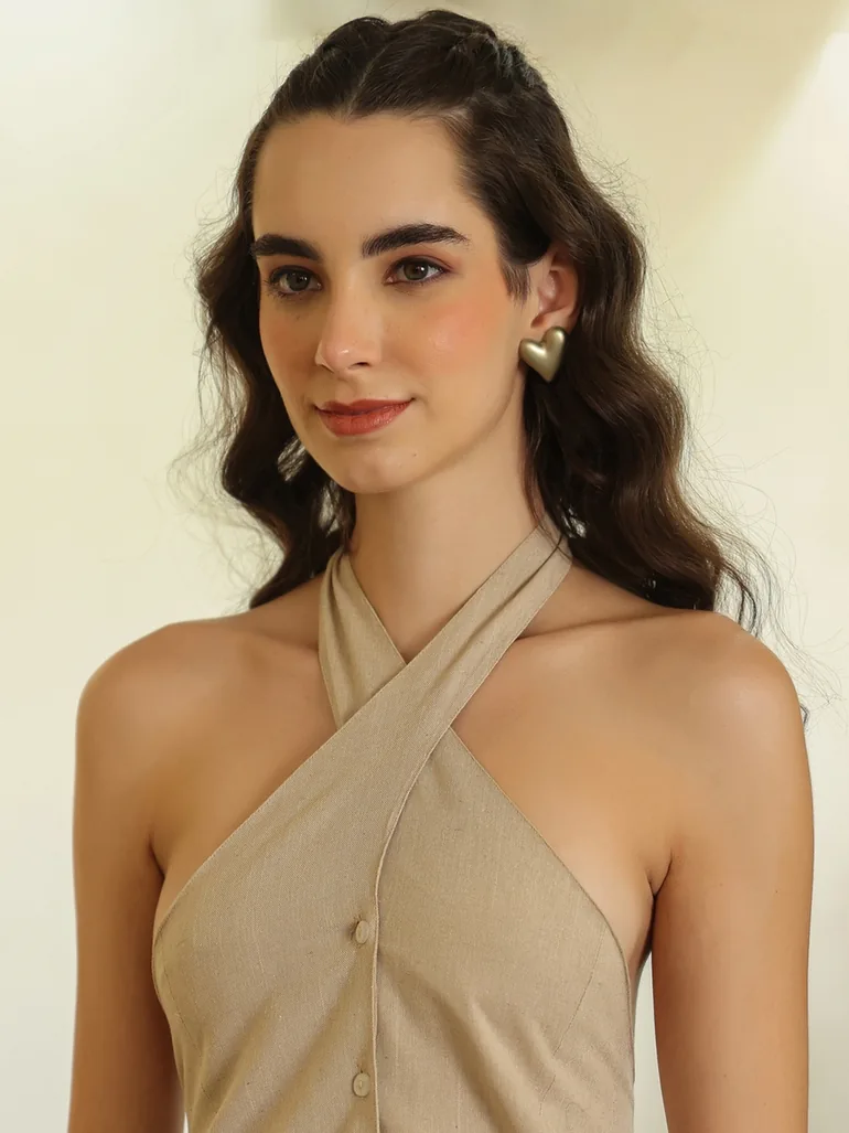 Beige Halter Neck Longline Top and Shorts Co-ord Set - 3