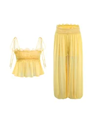 Kamila Yellow Lace Trim Ruched Top & Trouser Set - 2
