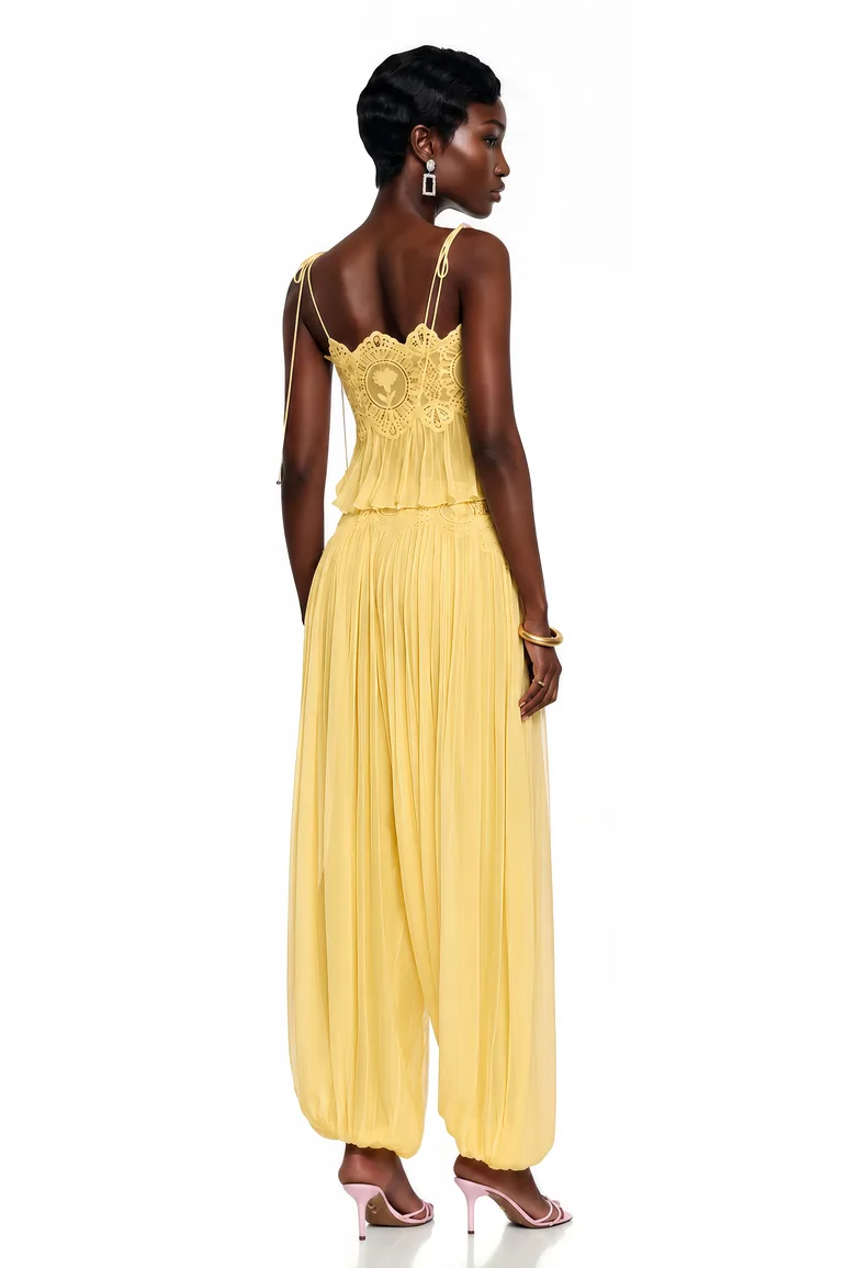 Kamila Yellow Lace Trim Ruched Top & Trouser Set - 1