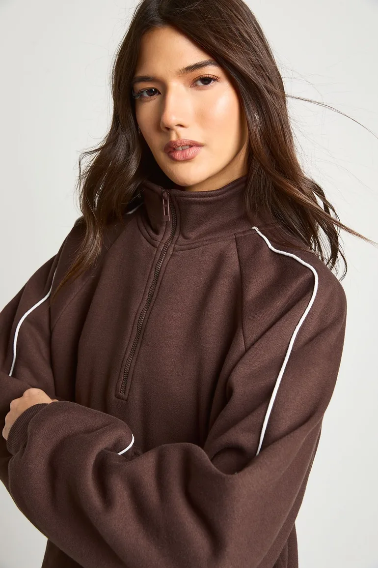 Half Zip Sweatshirt Piping Detail Tracksuit - chocolate - 3