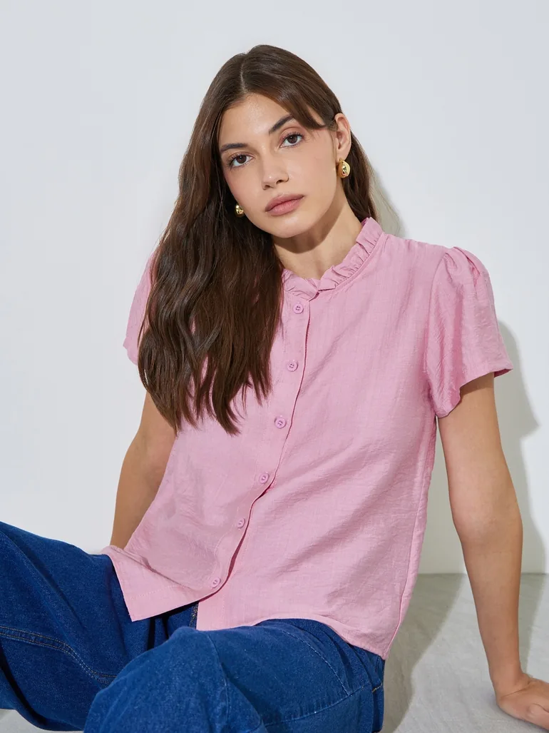 Pink Solid Ruffle Trim Button Front Blouse