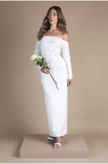 Long Sleeve Bardot Scuba Embellished Pencil Wedding Dress