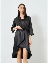 Black Side Lace Mesh Detail Slip and Robe Set - 2