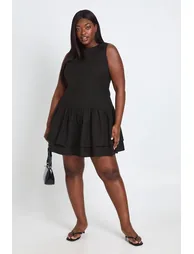 Plus Linen Double Layer Smock Dress - black