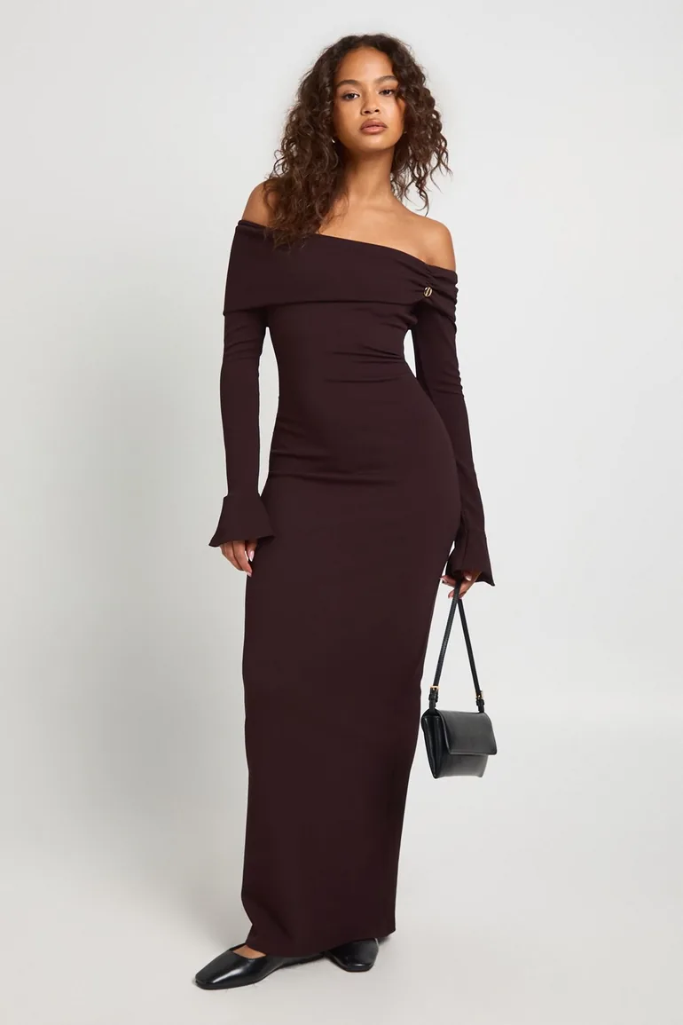 Rib Gold Button Detail Bardot Maxi Dress - chocolate