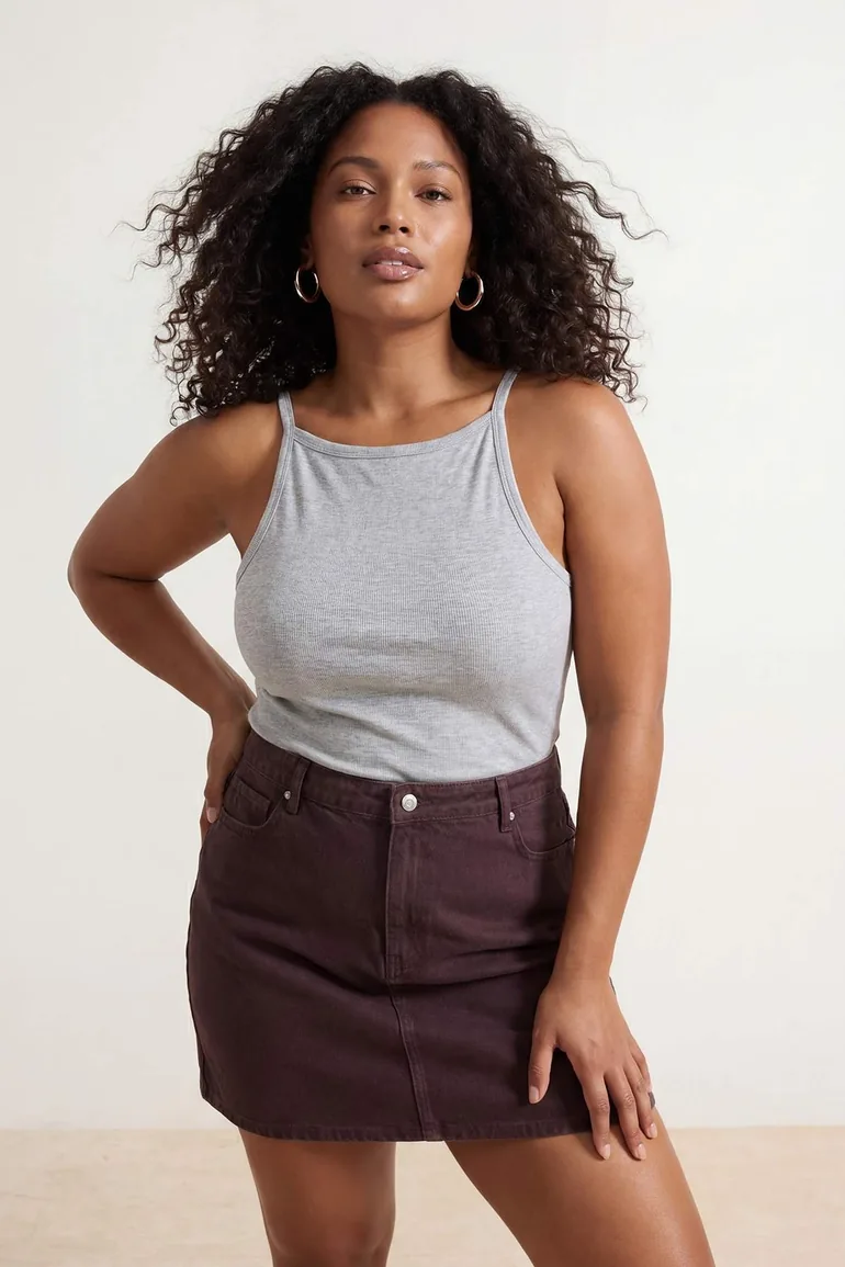 Gray Melange Halter Neck Camisole Basic Knitted Plus Size Undershirt