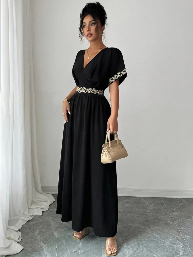 Black Short Sleeve Maxi Dress with Gold Trim - 3