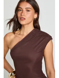 Asymmetric Ruched Mini Dress - chocolate - 3