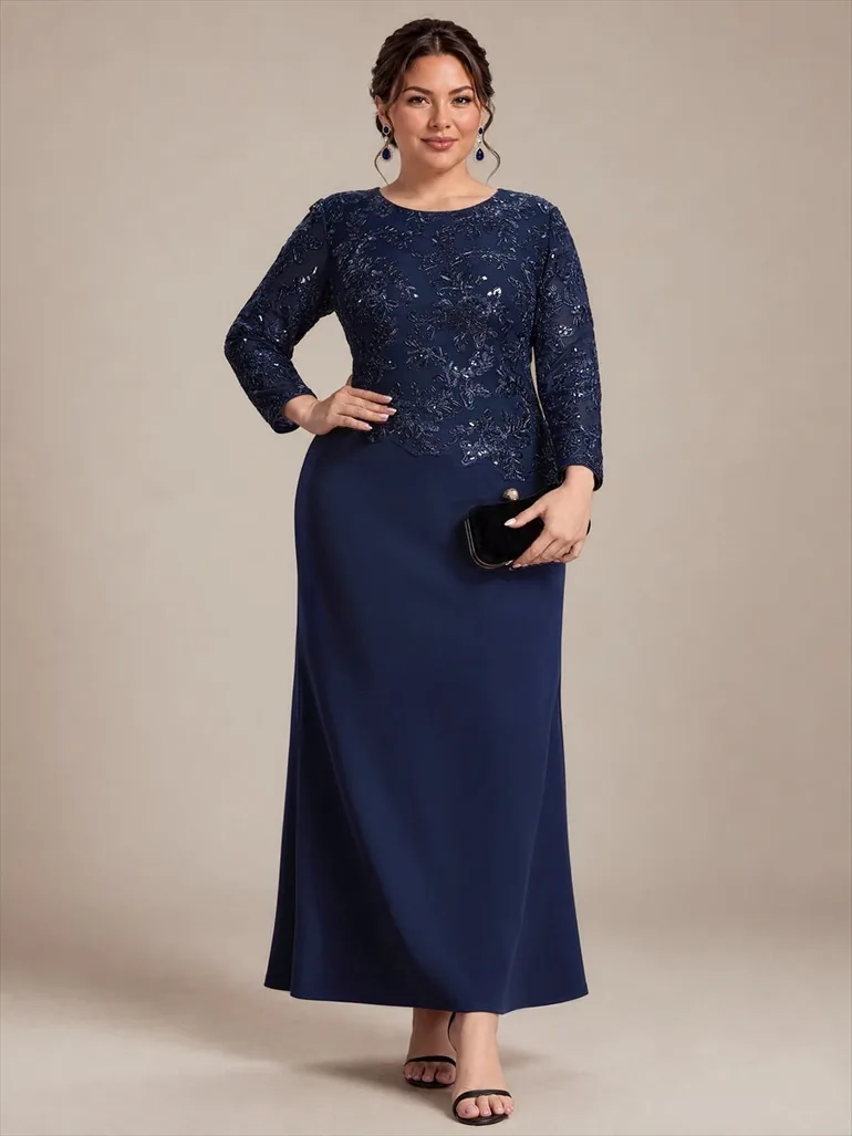Plus Size Sequins Fitted Sleeve Mother of the Bride Dress