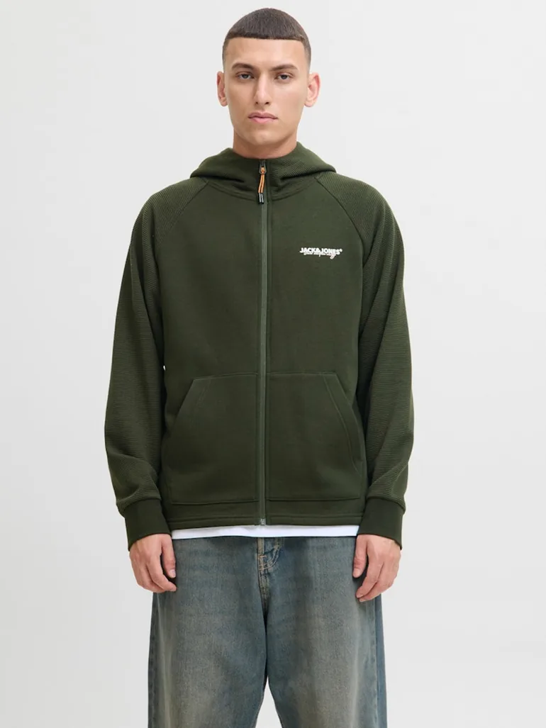 Olive Zip-Up Raglan Sleeves Hoodie - 1